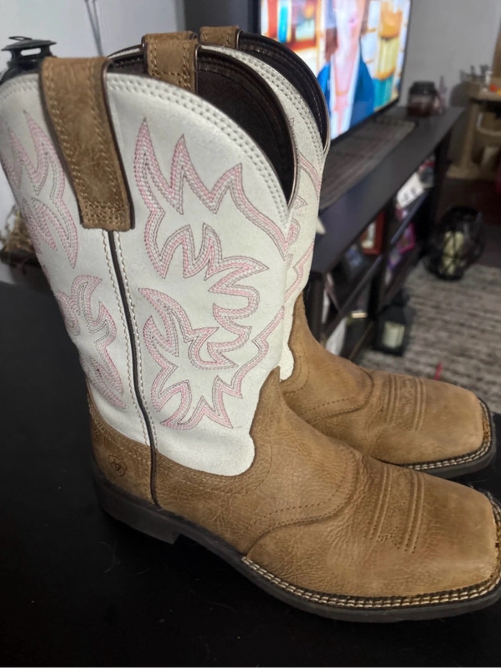 Ariat Tan Leather Western Boots with White Shaft and Pink Stitching